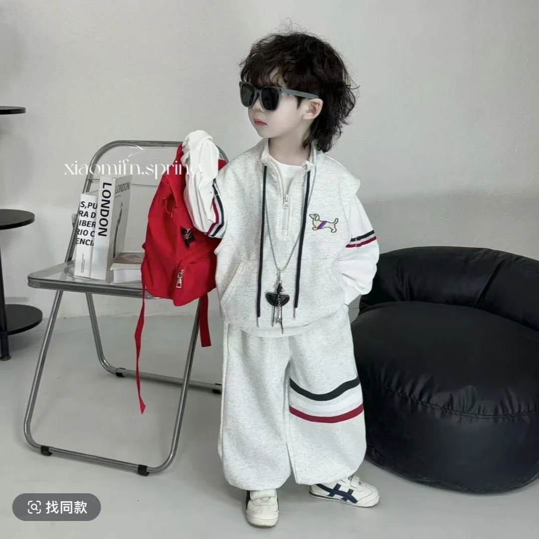 儿童韩版卡通马甲套装2025新款春秋女童宝宝洋气休闲卫衣三件套潮