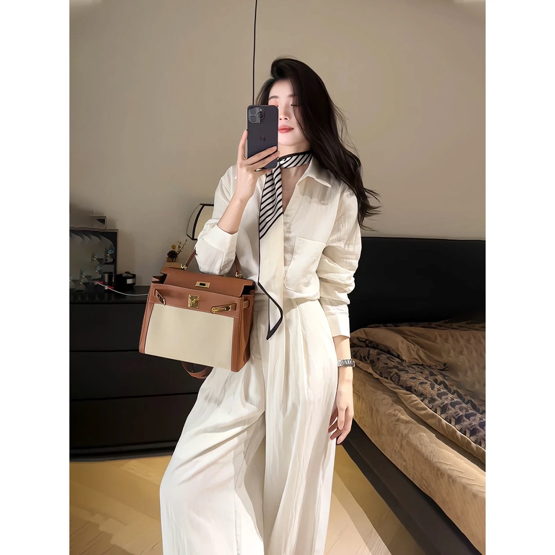 开春穿搭一整套慵懒感气质轻熟气质高级纯色衬衫休闲阔腿裤套装女