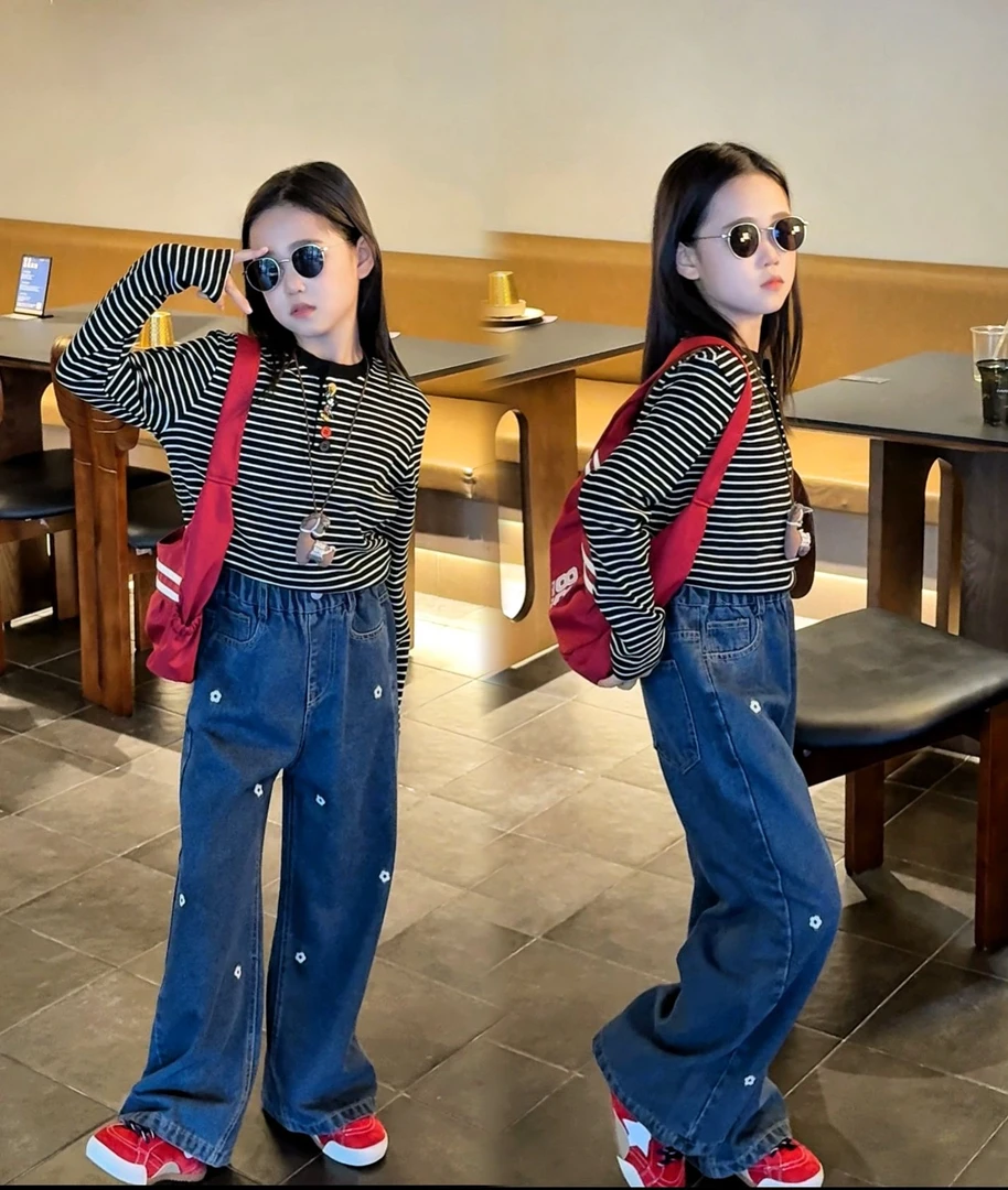 女童春秋款套装中大童长袖洋气条纹打底衫+休闲阔腿牛仔裤两件套8