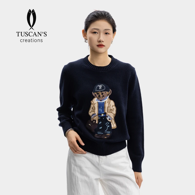 TUSCAN'S CREATIONS圆领印花宽松休闲羊毛衫保暖卡通小熊长袖毛衣