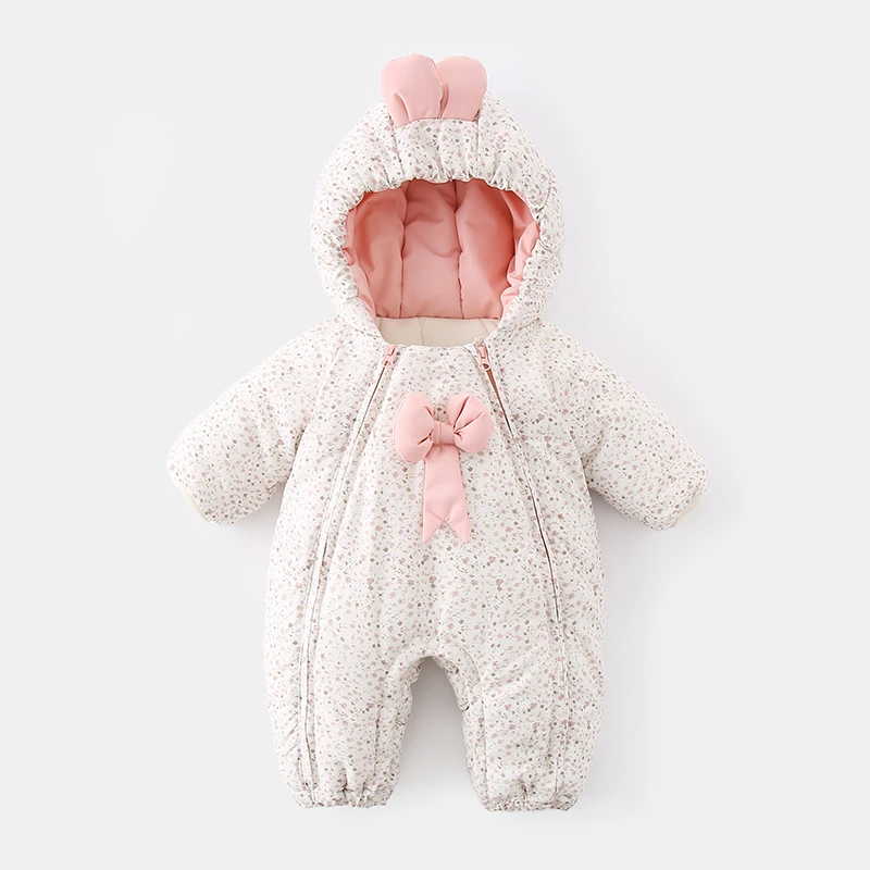 （韩系）新生儿女宝宝加绒加厚小碎花冬季外出连体衣婴儿爬服哈衣