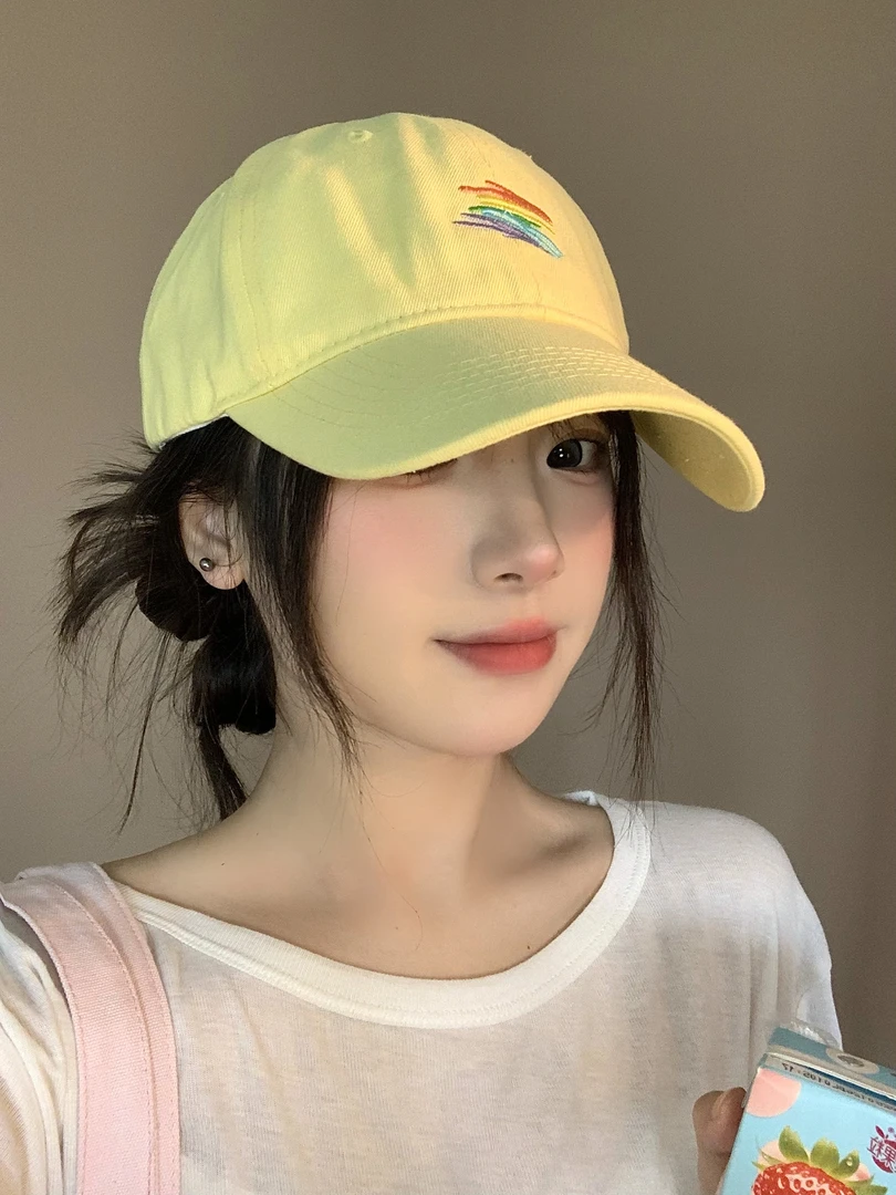 黄色帽子春夏新款彩虹时尚棒球帽女显脸小宽帽檐运动休闲百搭ins