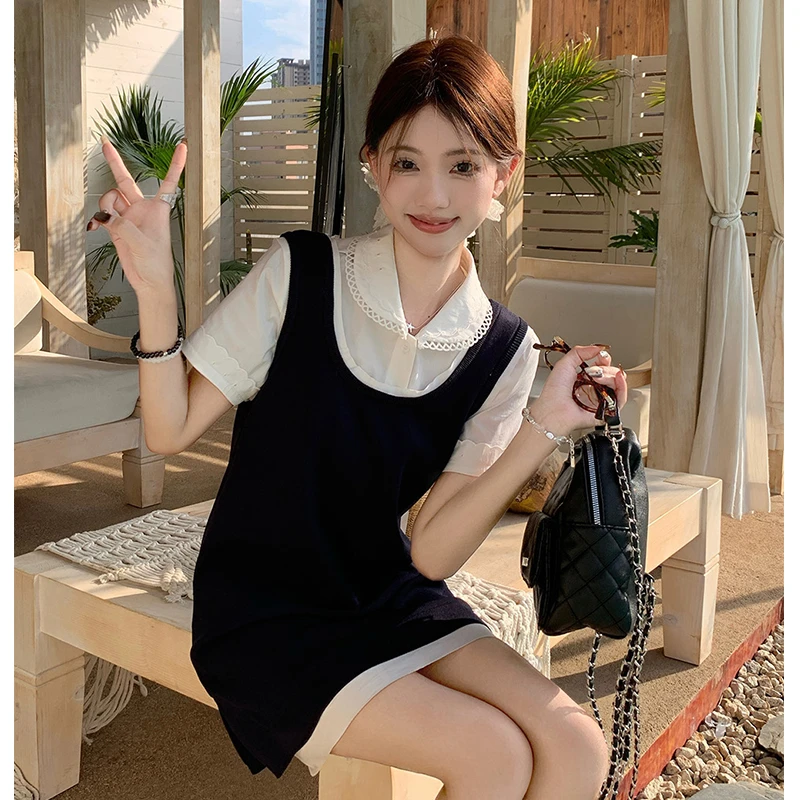 Miu系少女甜美假两件拼接背心连衣裙短袖衬衫女夏季时尚两件套装