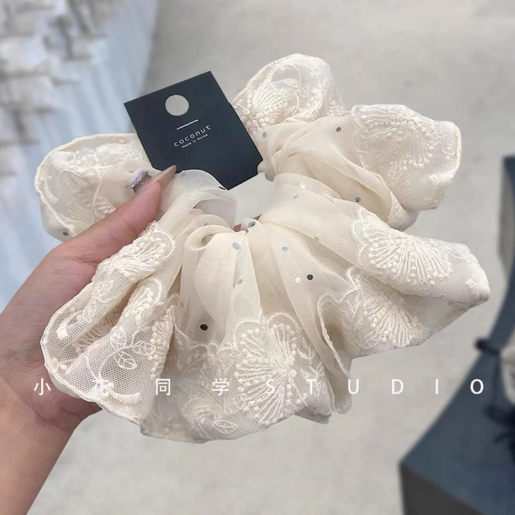 韩国发饰2025新款浪漫高级感精致米白色蕾丝刺绣小亮片发圈大肠圈