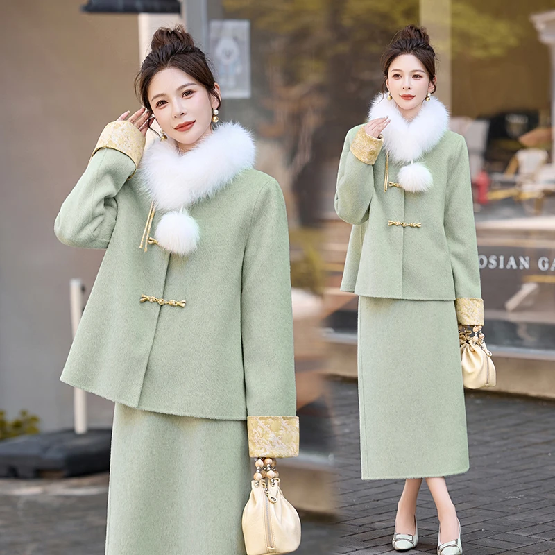 新中式国风双面毛呢套装裙女2025年秋冬新款复古盘扣半身裙两件套