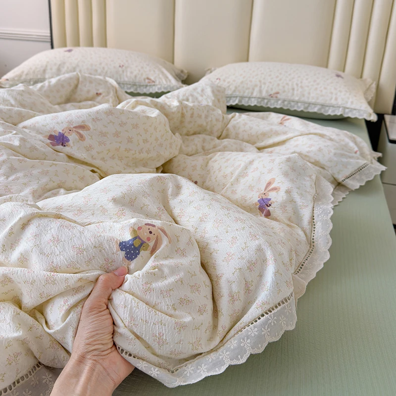 法式云感木棉皱皱双层纱四件套全棉镂空花边款柔软舒适公主风床品