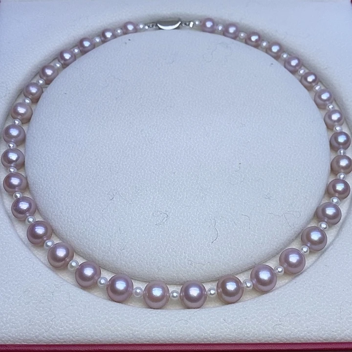 银S925镶嵌淡水珍珠项链4-5/9-10m白粉