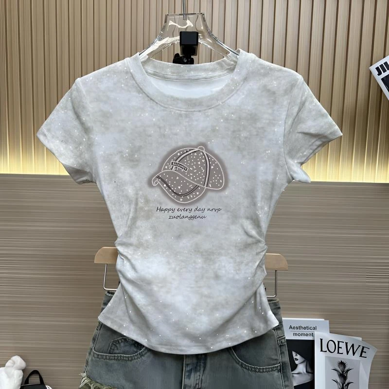 满天星圆领短袖T恤女夏季新款韩版设计感帽子印花显瘦正肩上衣潮