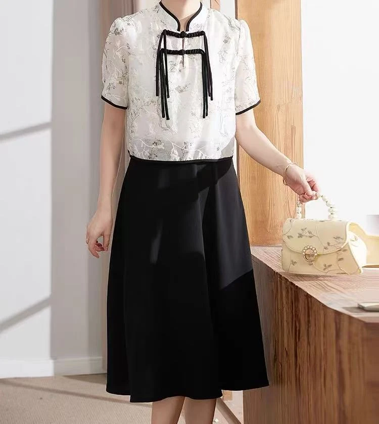 Q642 气质新中式国风改良旗袍连衣裙假两件套装女夏季高贵洋气