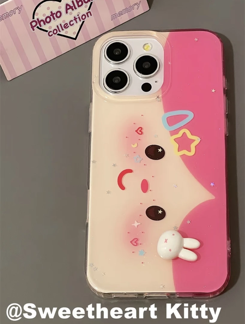 粉头发女孩立体米菲兔发夹适用iphone15promax苹果14手机壳13少女