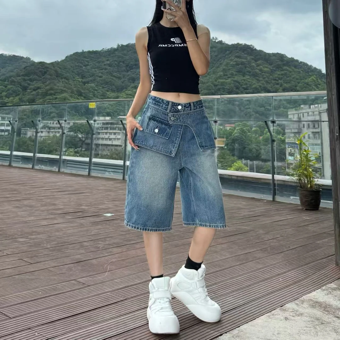 蓝帆-复古港风夏季直筒裤五分裤牛仔短裤阔腿裤休闲江南风