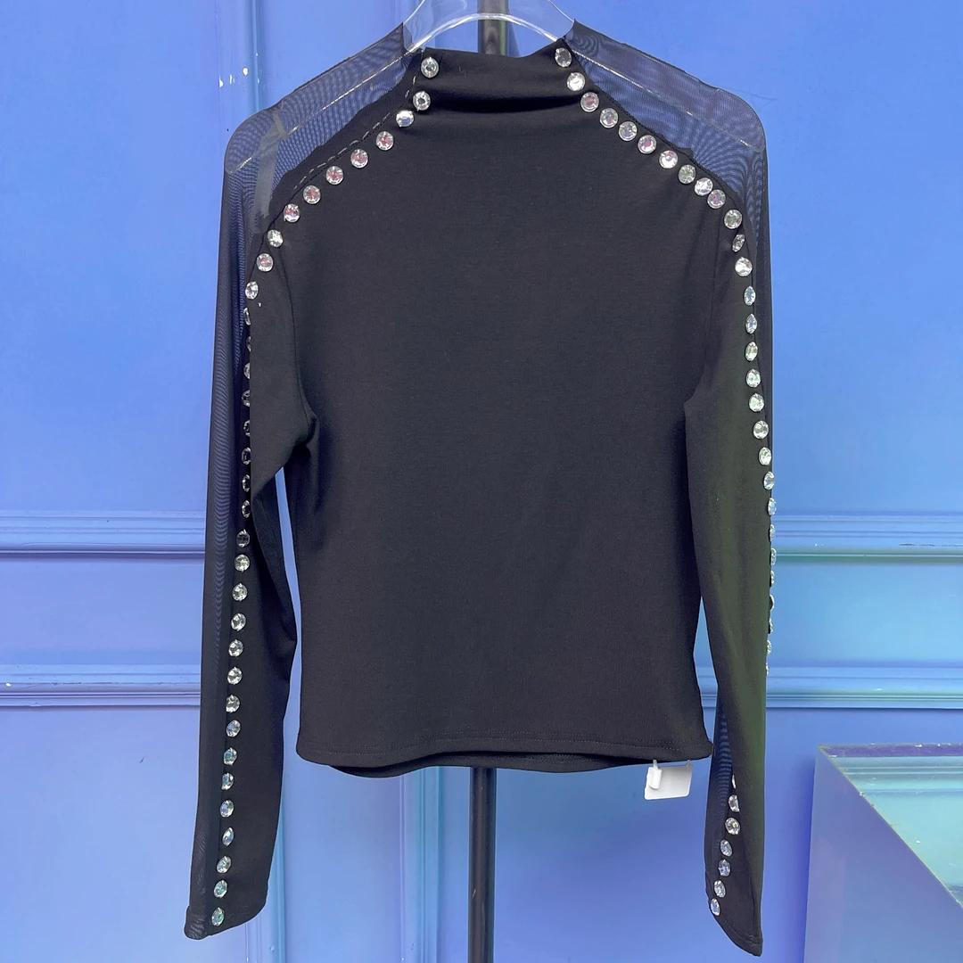 RR1479锐宝潮牌时尚百搭修身气质镶钻网纱袖高领打底衫