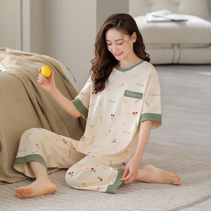 拍一发三件套装睡衣女夏季短袖七分裤休闲格子家居服套装