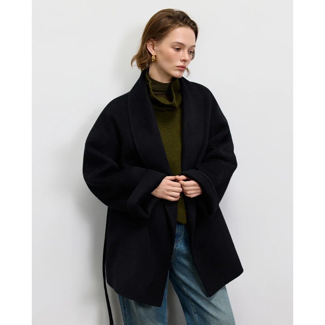 LUR 老钱简约气质感！睡袍款短款系带双面呢100%羊毛大衣女春秋冬