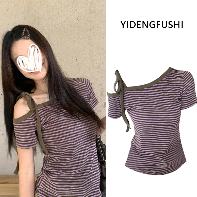 美式辣妹紫色条纹斜肩绑带短袖恤女夏季时尚设计感修身显瘦上衣