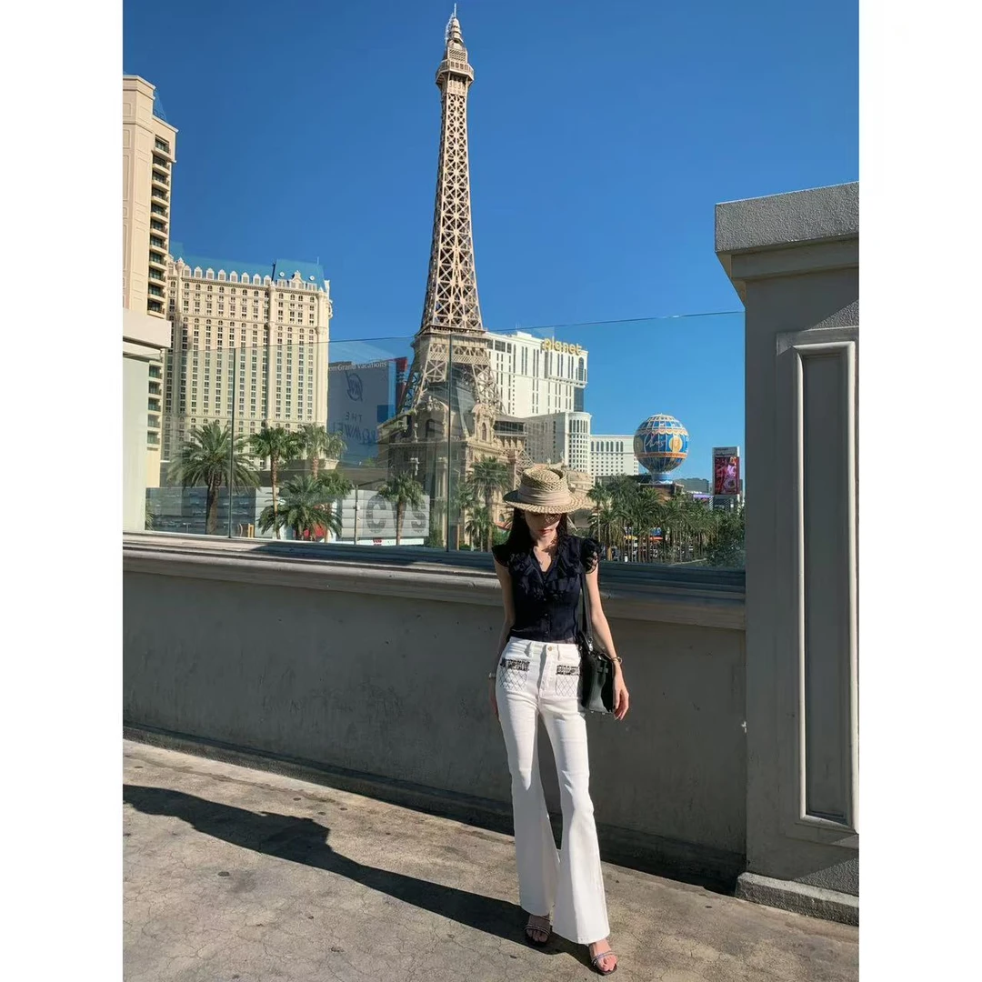 【盒子专享】烟雨垂纱 设计感网状口袋白色阔腿牛仔裤