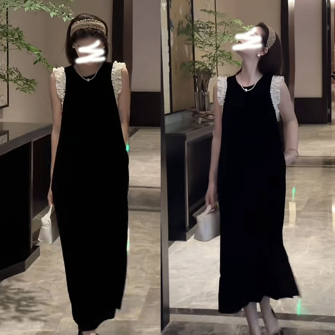 法式裙子夏季不褪色口袋小黑裙街头风连衣裙插肩袖背心裙