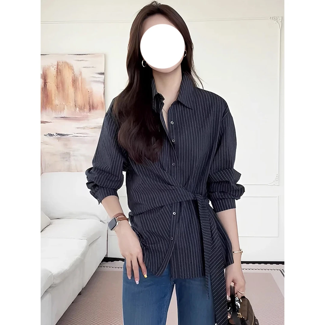 设计感绑带收腰条纹衬衫女早秋女装2025新款法式轻奢高级感上衣女
