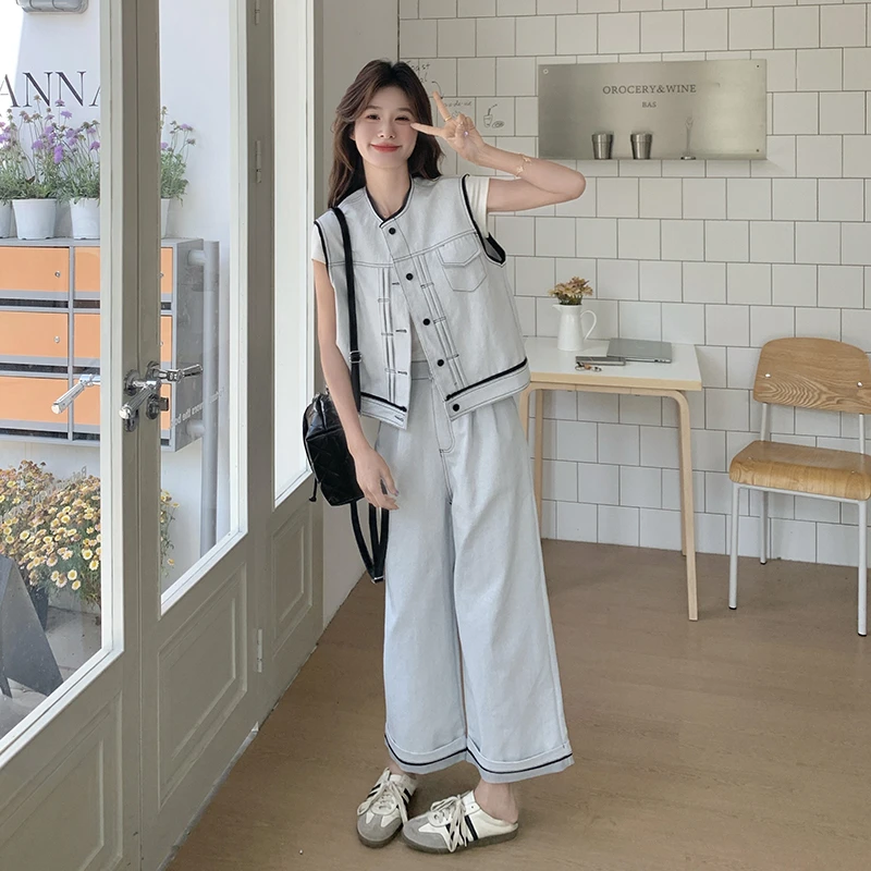 一整套ootd穿搭减龄爆款高级感牛仔马甲阔腿裤两件套时尚休闲套装