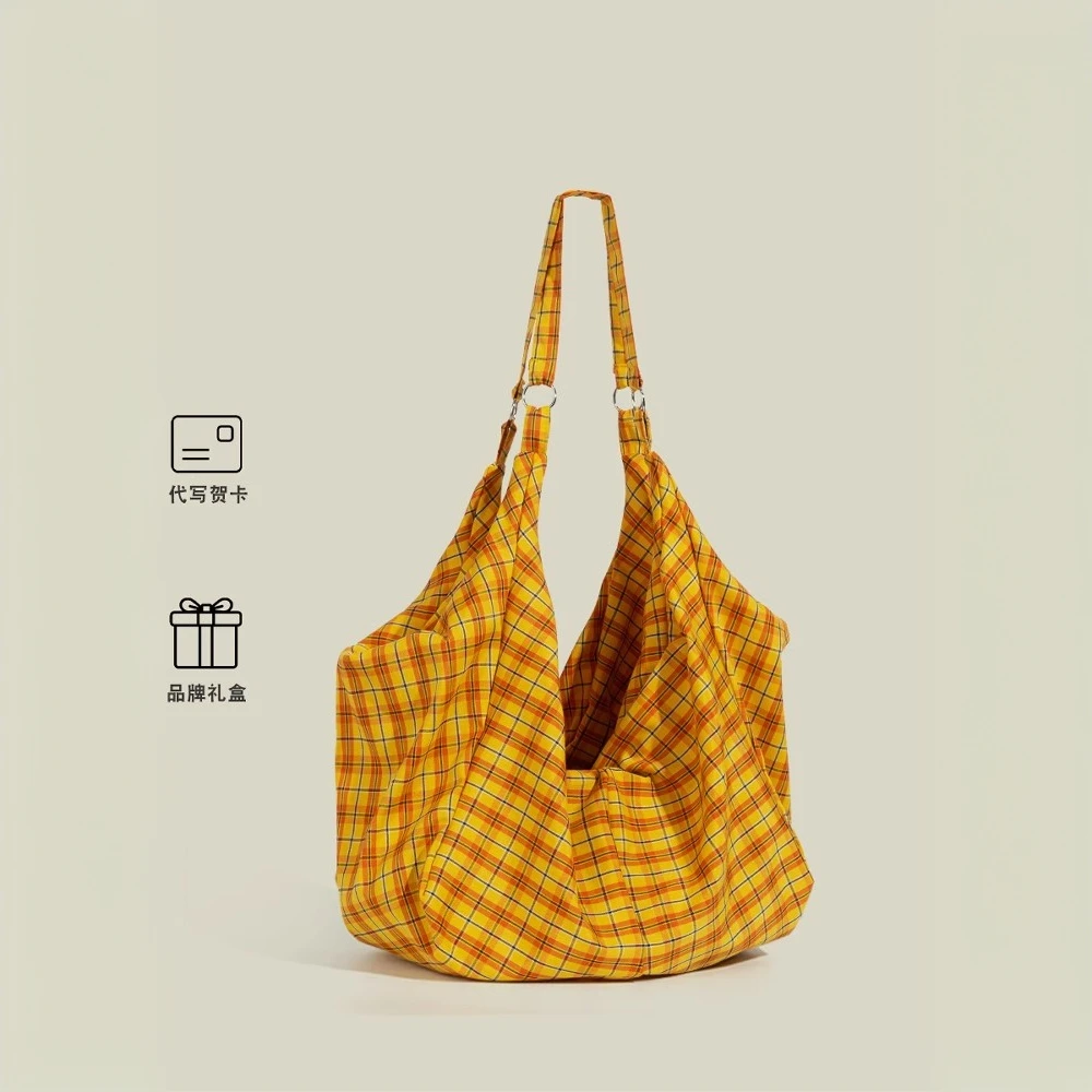 2025春夏新款黄格子帆布袋包女款大容量休闲慵懒风单肩腋下托特包