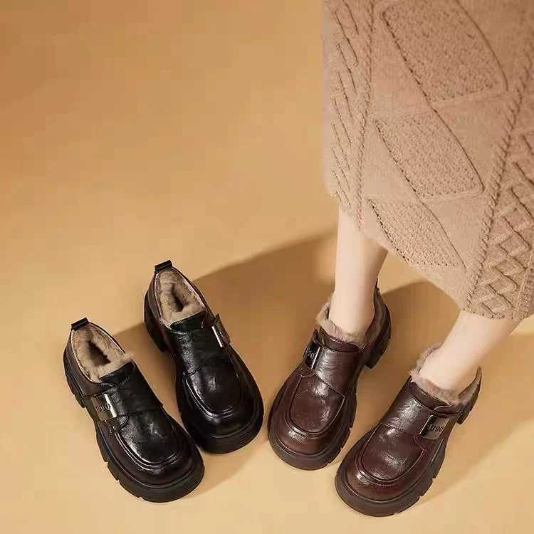 格各加绒乐福鞋女2025年新款秋冬女鞋冬季棉鞋黑色女士厚底小皮鞋