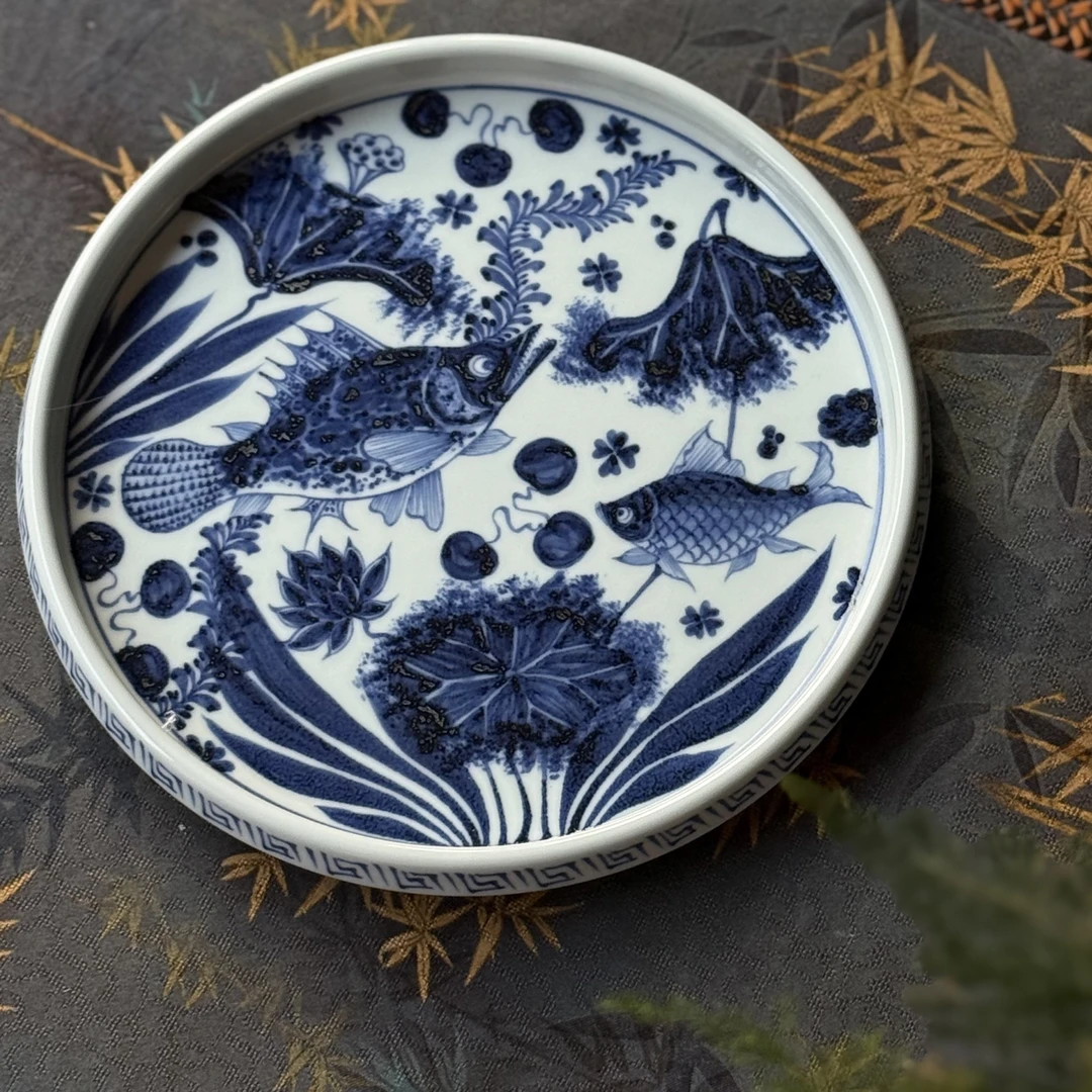 知否｜甄选景德镇陶瓷元青花幽蓝溪堂鱼藻纹新品19.5直径壶承