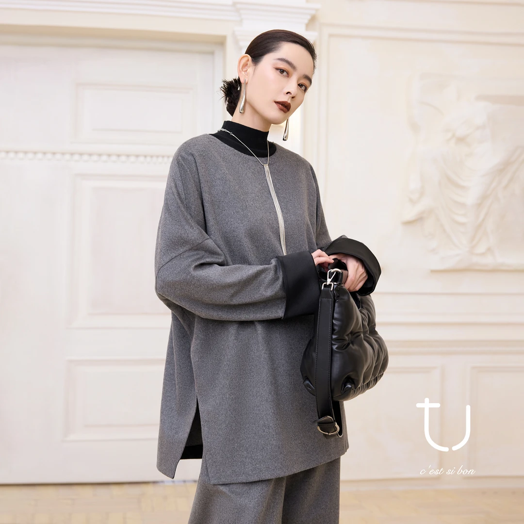 TU女装 谧庭 新年系列静奢风圆领羊毛上衣/松紧高腰直筒长裤子