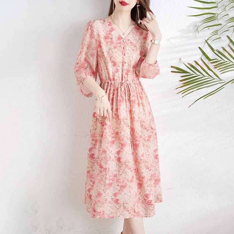 小清新桑蚕丝连衣裙女2025新款夏季洋气显肤领中长真丝大摆裙潮