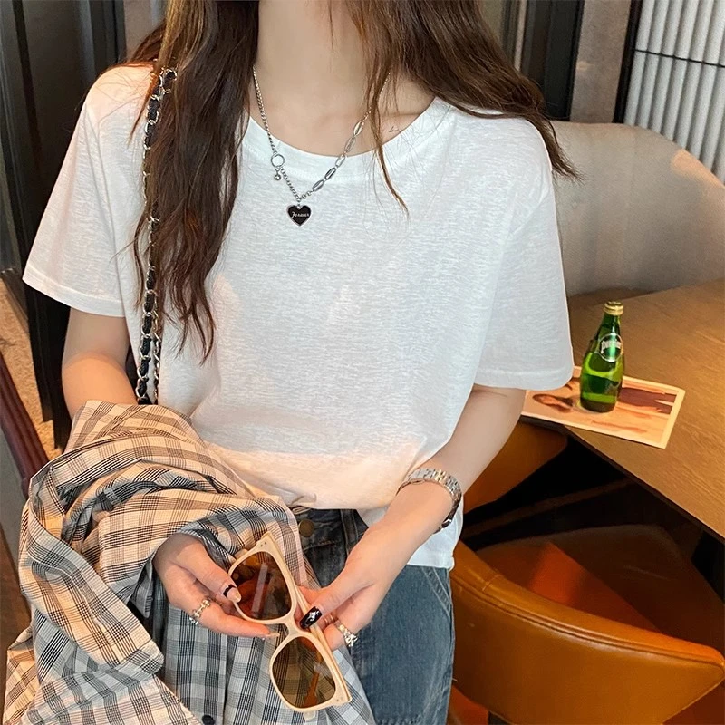 冰丝短袖t恤女2025新款夏季竹节棉正肩圆领纯色薄款白色棉麻上衣