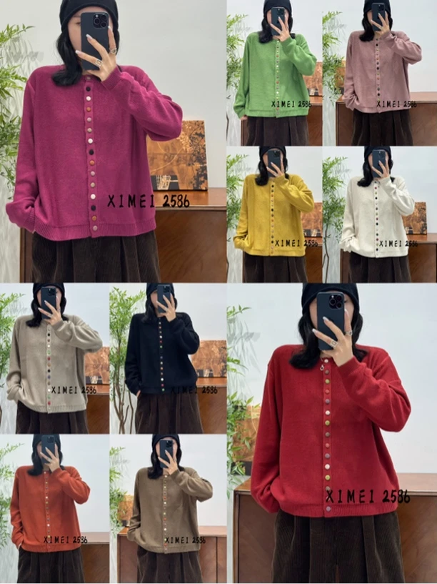 针织衫针织冬季纯色宽松型圆领百搭长袖毛针织衫两穿