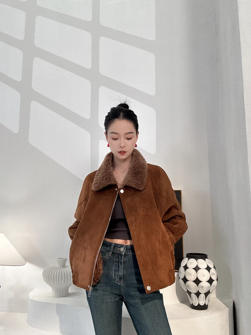 海宁女装皮草冬季新款机车翻领美拉德休闲绵羊毛全羊毛颗粒620