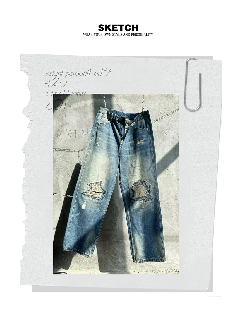 素描重工洗水牛仔裤破洞设计宽松做旧男士潮流