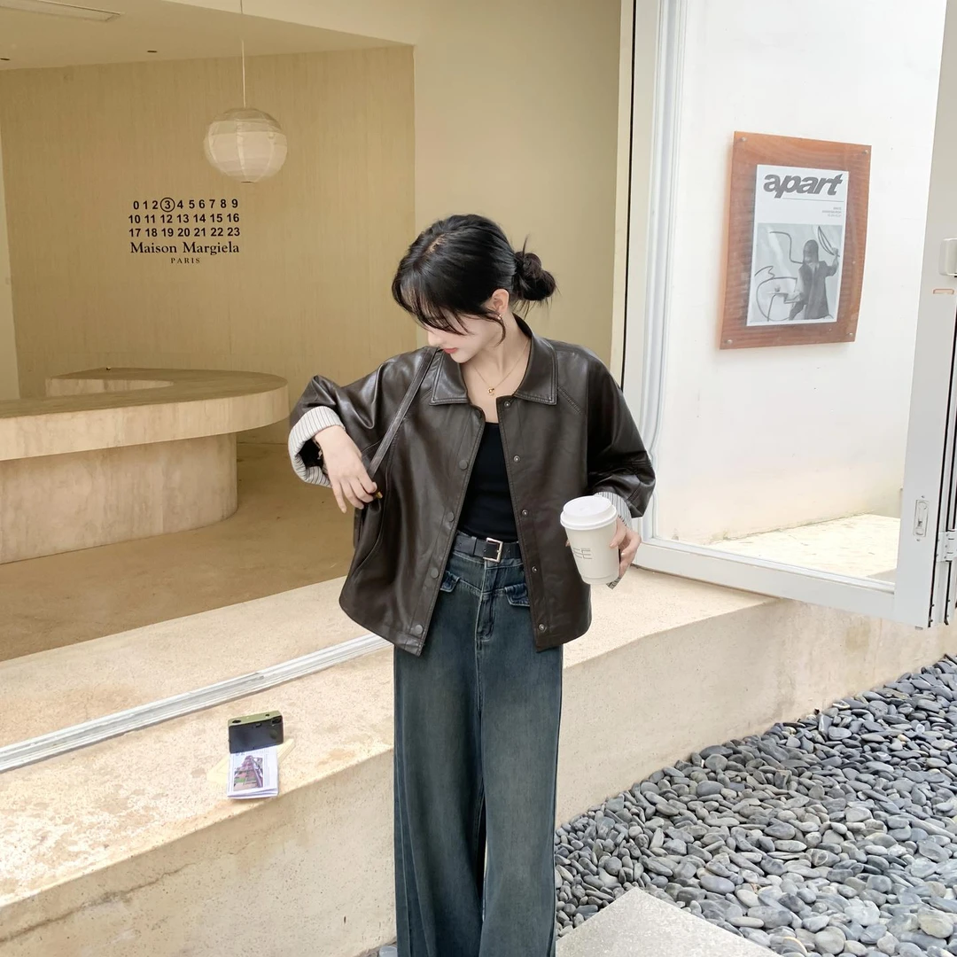 咖色高级感条纹拼接PU皮衣夹克女秋季2025新款小个子酷飒风短外套