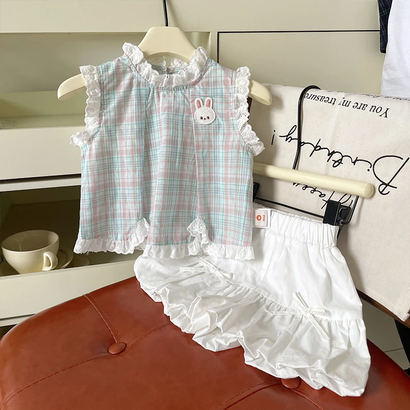 【现货】DZ25258夏季新女童可爱法式蕾丝花边蓝色格子小兔花苞套装