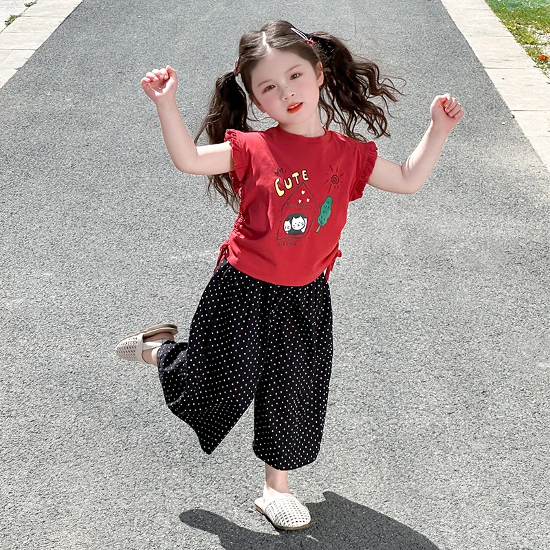 女童夏装套装2025新款洋气儿童卡通小飞袖圆点阔腿裤女宝宝两件套