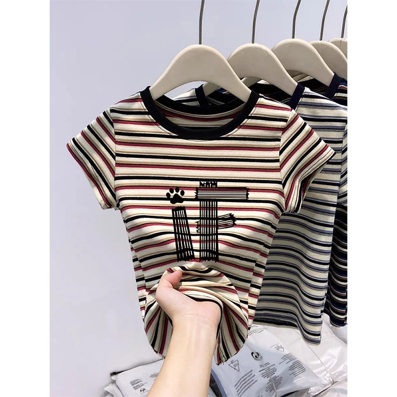 圆领正肩条纹短袖t恤女时尚百搭洋气拼色上衣显瘦打底衫2025夏季