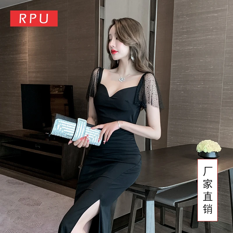 纯色短袖蕾丝长裙中腰V领礼服小众显瘦小黑裙法式