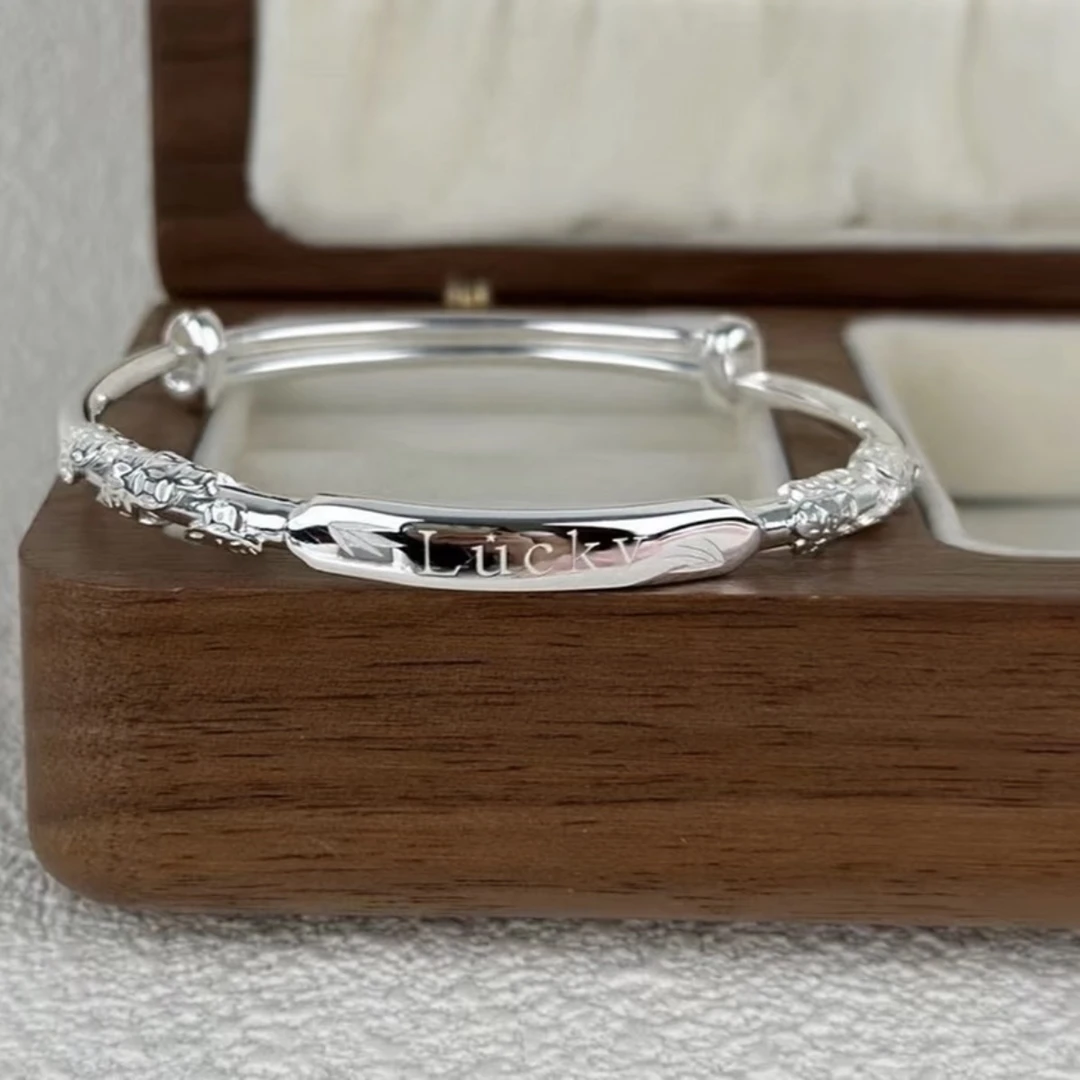 足银手镯  20号 幸运繁花推拉实心足银手镯