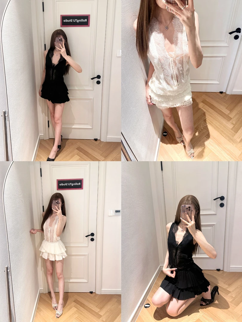 性感纯欲风立体睫毛蕾丝花边不规则V领衬衫+吊带背心女