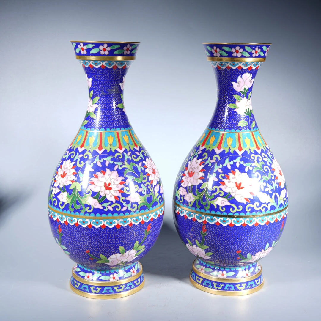 Tgz35 清代 景泰蓝花卉纹赏瓶一对