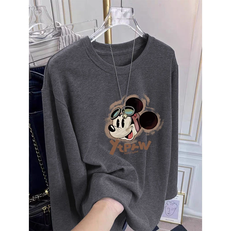 秋冬季磨毛正肩圆领长袖t恤女装常规直筒版型休闲显瘦可外穿保暖