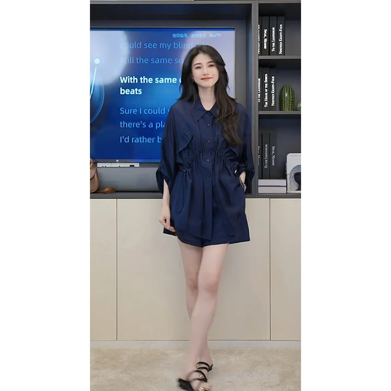 小乖逃D现货衬衫天丝高级感藏蓝套装防晒气质百搭宽松显瘦232712