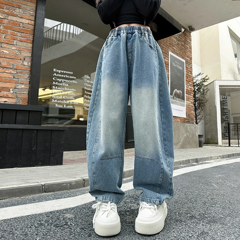 女童弯刀裤春秋季2025新款春装儿童牛仔裤女孩大童直筒裤子初中生
