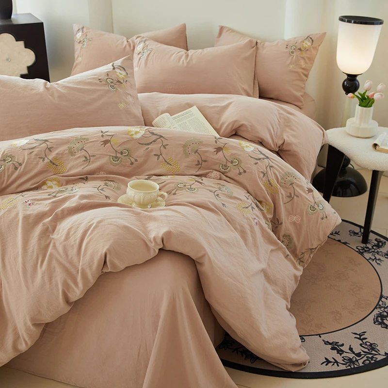 A类母婴级水洗棉四件套高级感刺绣柔软被套床单人床上用品三件套4