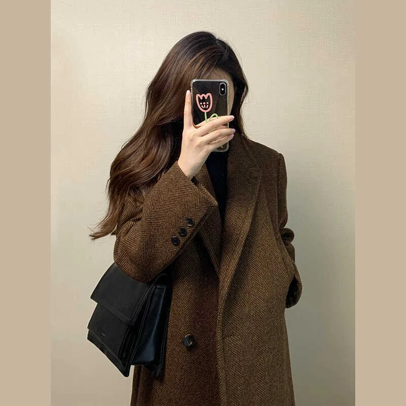 格子毛呢外套女小个子2026新款冬季高级感赫本风西装正肩呢子大衣