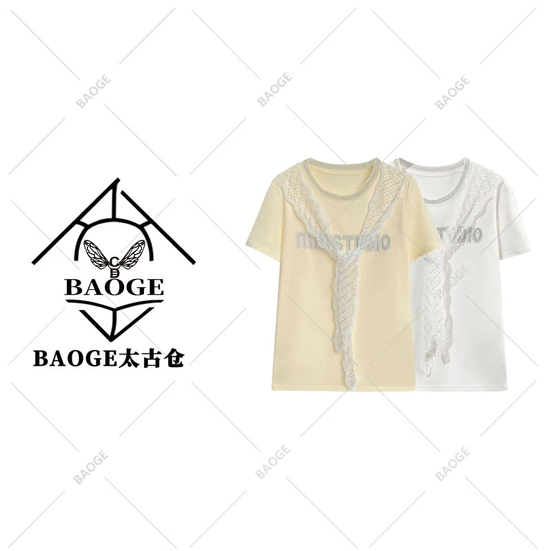 【BAOGE太古仓】66392#烫钻蕾丝拼接T恤2025百搭个性潮流上衣