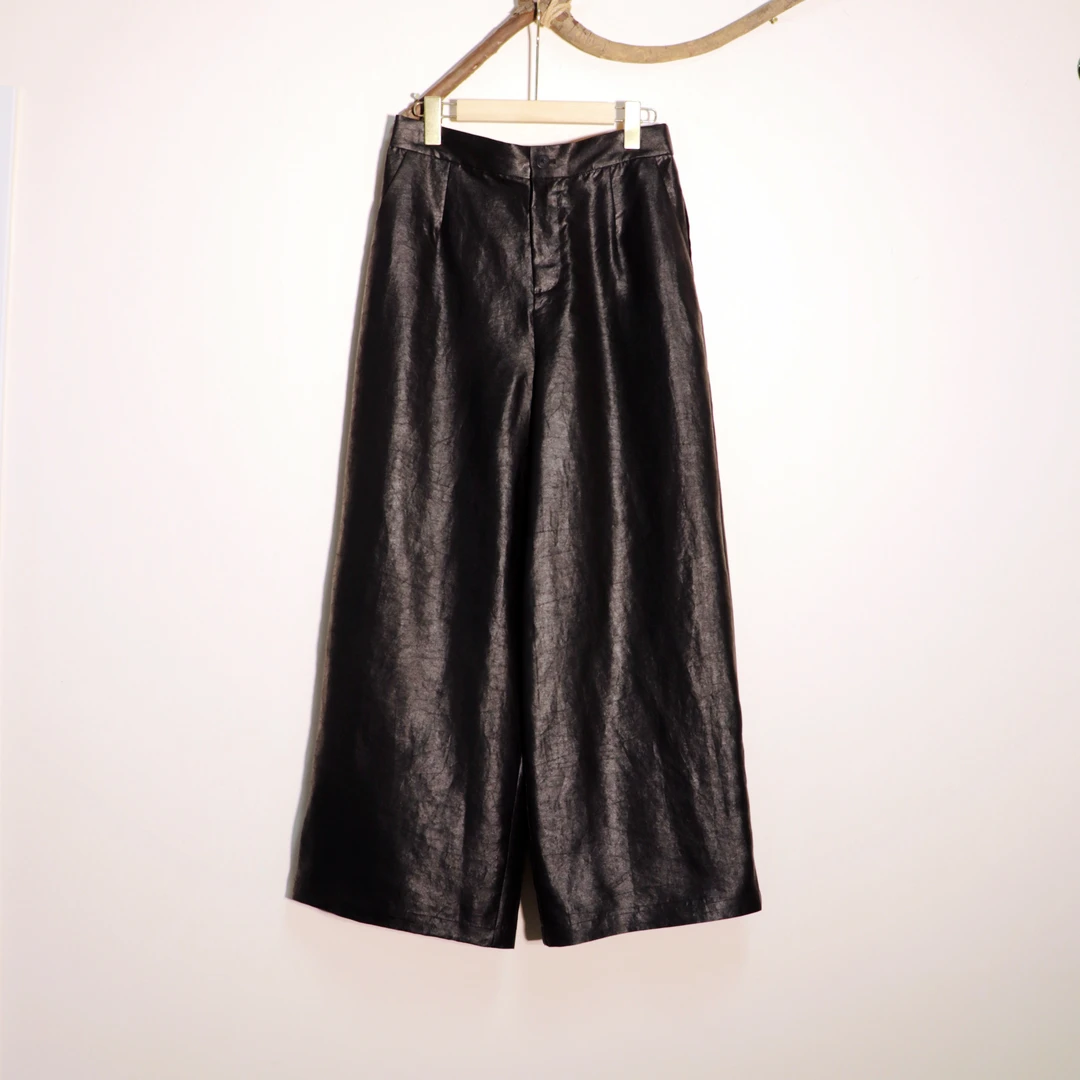 枣木100%桑蚕丝黑胶绸油龟老料香云纱时尚宽松直筒裤松弛感