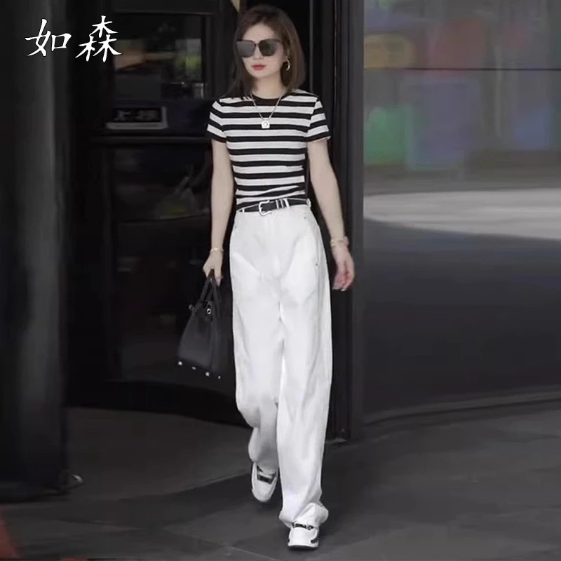 窄版白色牛仔裤女阔腿裤高腰显瘦直筒裤夏季新款搭配T恤套装长裤