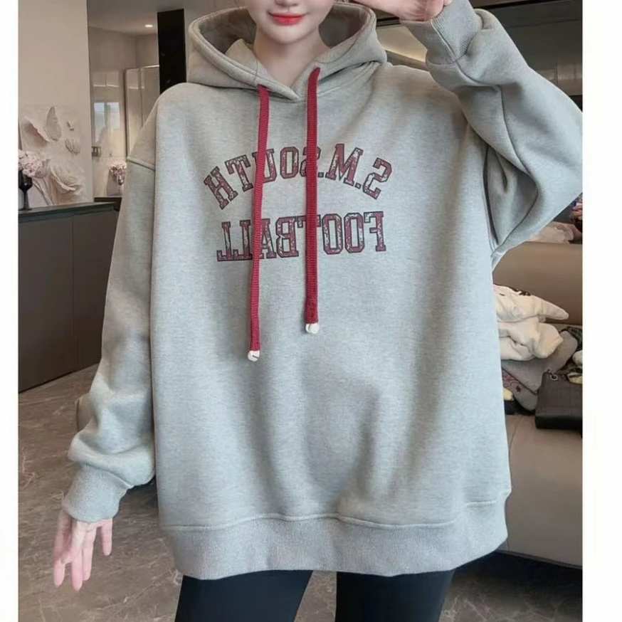 设计感拼色抽绳连帽加绒卫衣女冬季2025新款时尚洋气百搭长袖上衣
