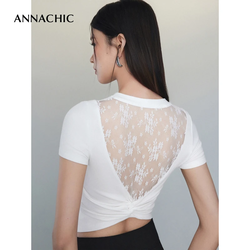 ANNACHIC白色露背拼接蕾丝镂空T恤女2025年夏季修身短款辣妹上衣